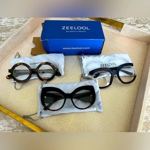 Zeelool frames. 3 pair. navy and gold. Blacks and tortoise and tortoise.